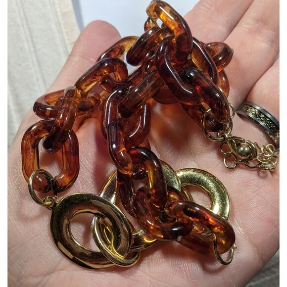 90s Style Tortoise And Gold Tone Chunky Link Necklace - Picture 5 of 6